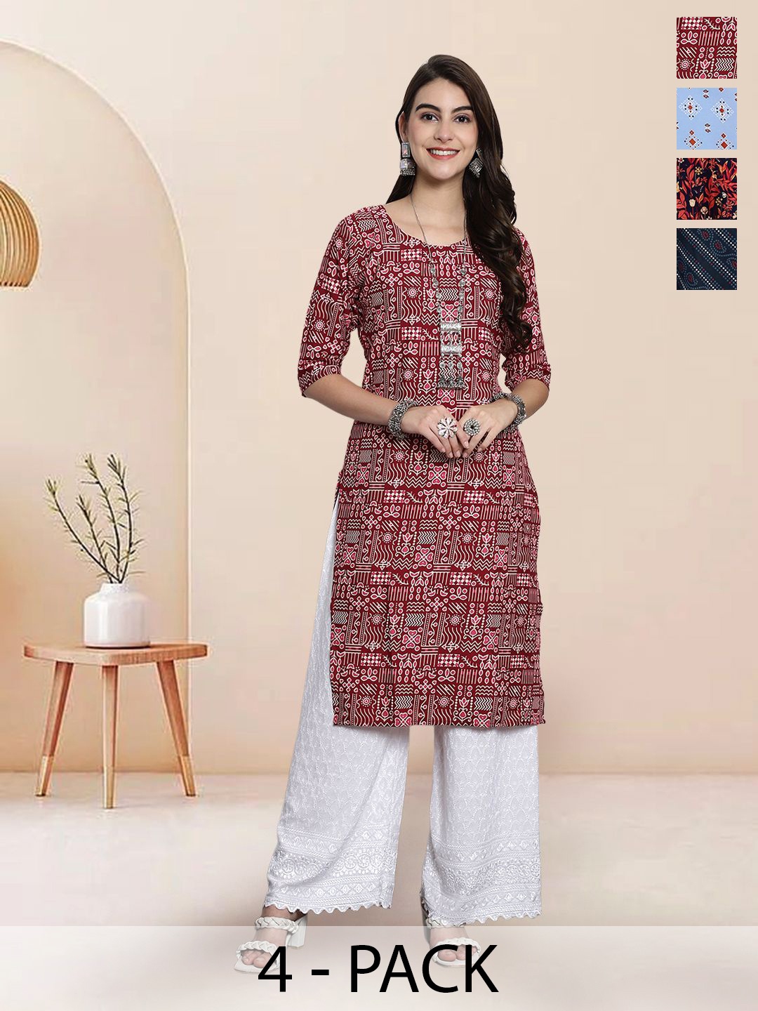 

7Threads Selection Of 4 Geometric Printed Round Neck Straight Kurtas, Red