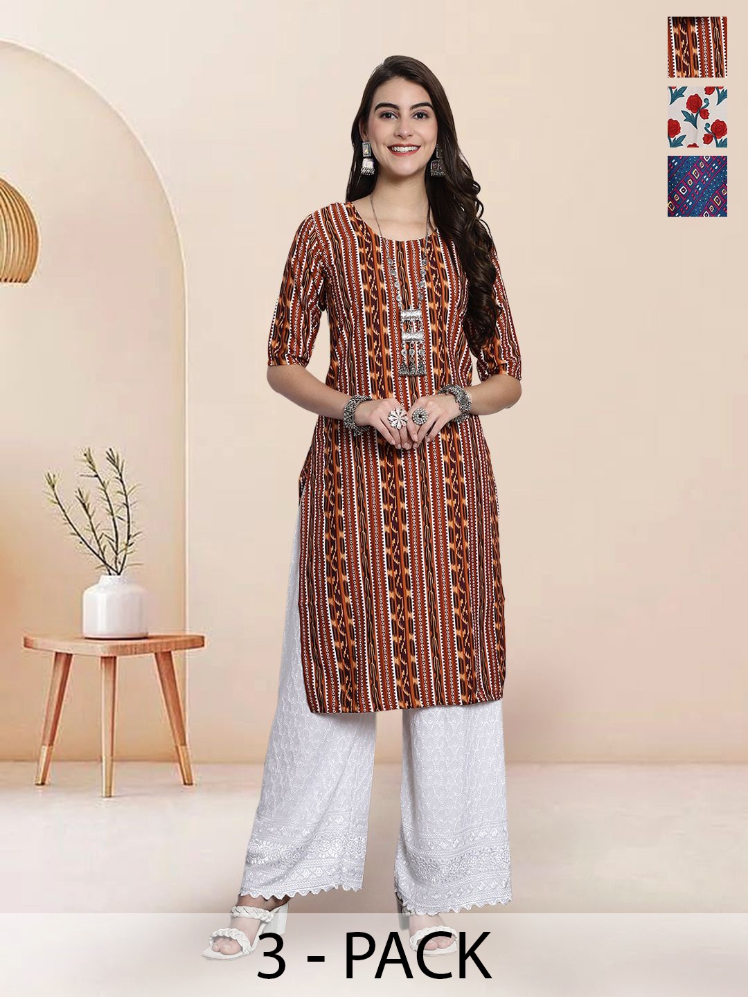 

7Threads Selection Of 3 Geometric Printed Straight Kurtas, White