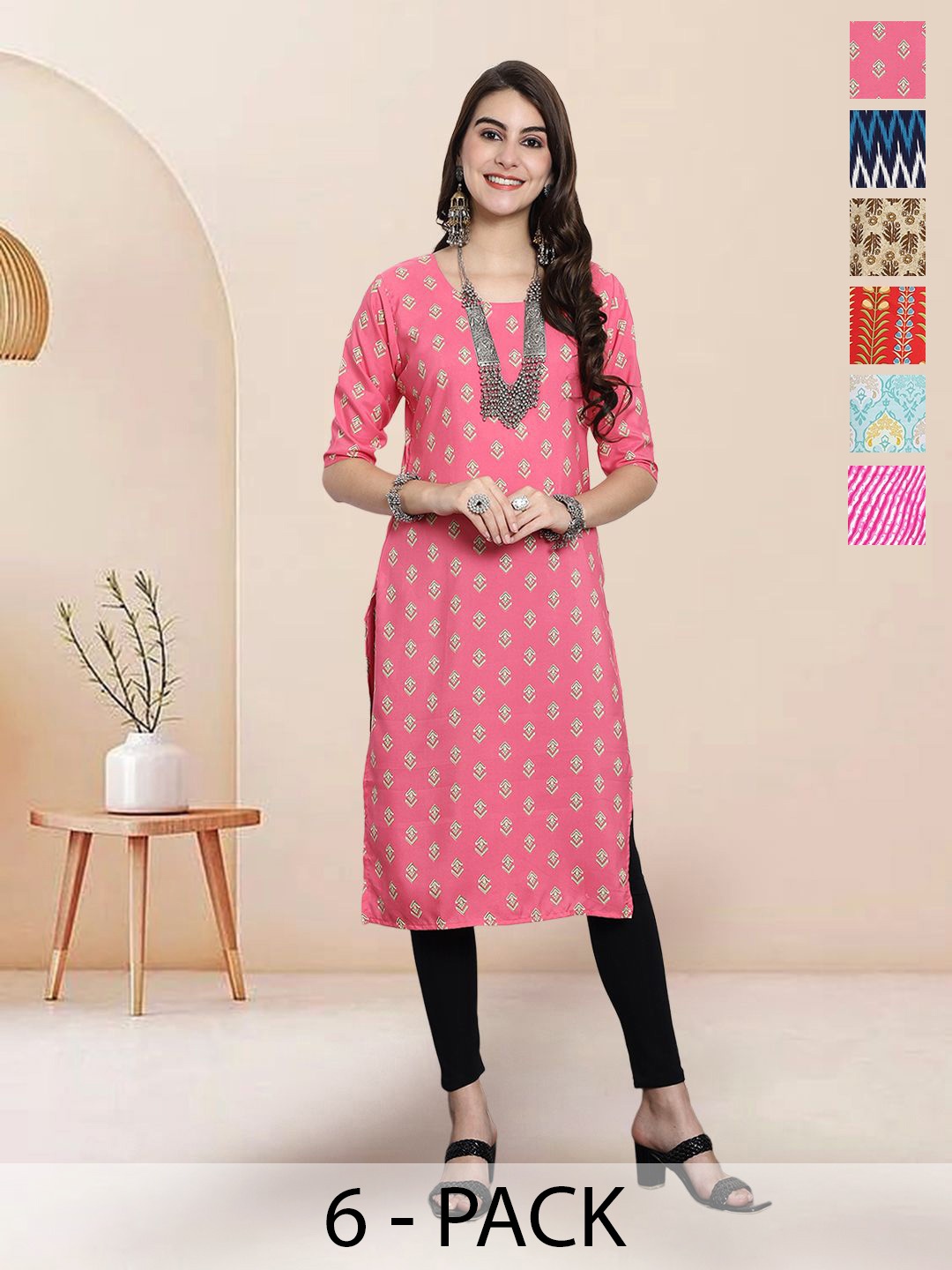 

7Threads Selection Of 6 Ethnic Motifs Printed Straight Kurtas, Pink