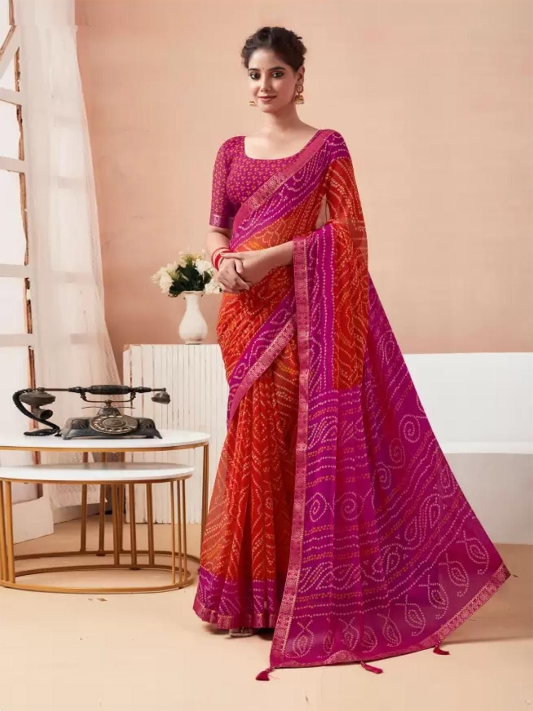 

DURGA EMPORIO Bandhani Zari Pure Chiffon Bandhani Saree, Pink