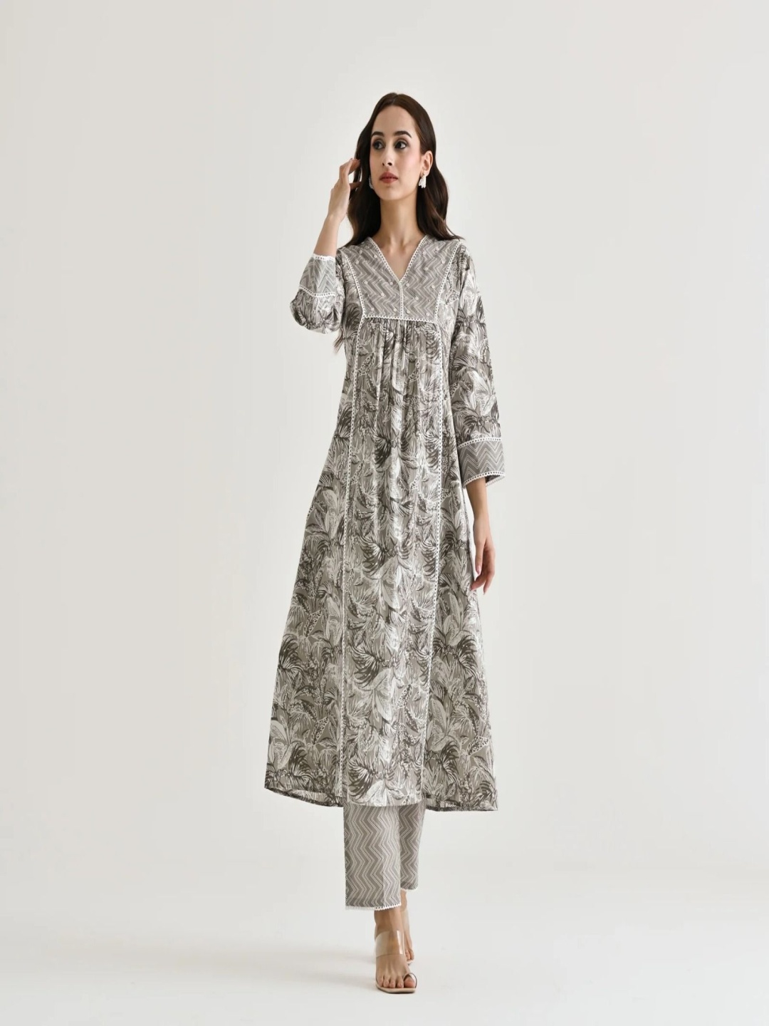 

KALINI Floral Printed V-Neck Pleated Beads and Stones A-Line Kurta With Trousers, Grey
