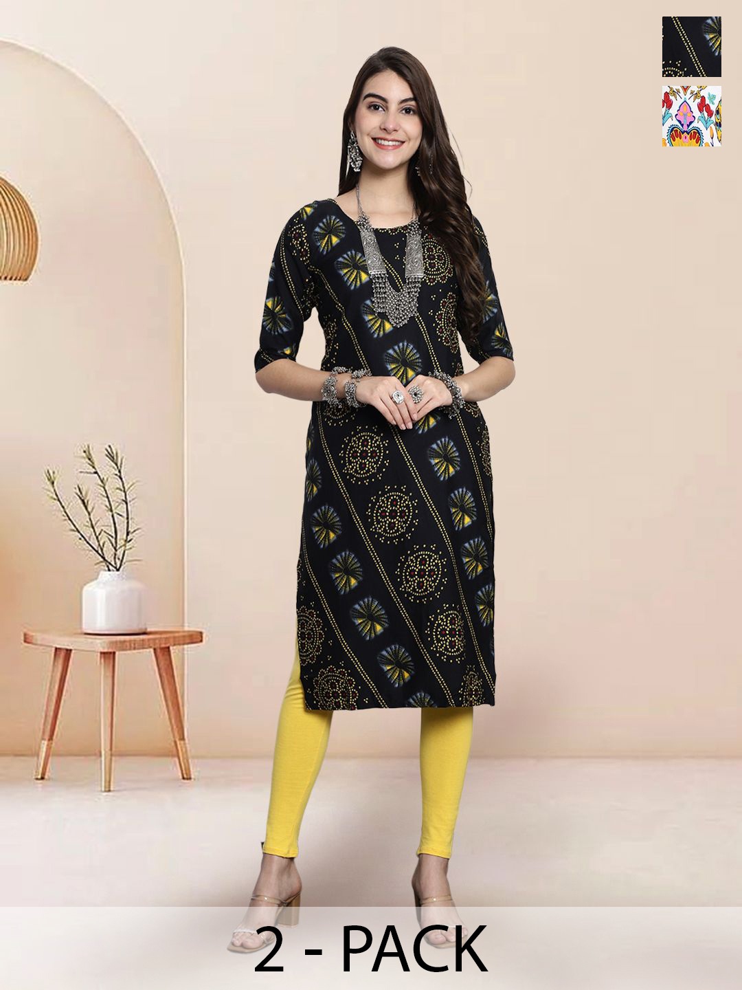 

7Threads Selection Of 2 Ethnic Motifs Printed Round Neck Straight Kurtas, Black