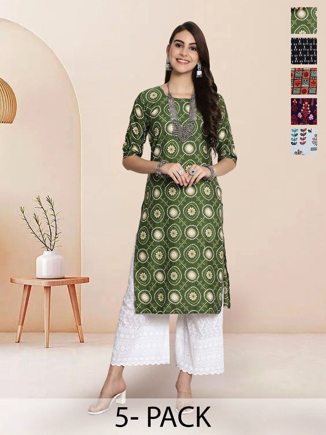 

7Threads Selection of 5 Ethnic Motifs Printed Round Neck Straight Kurtas, Green