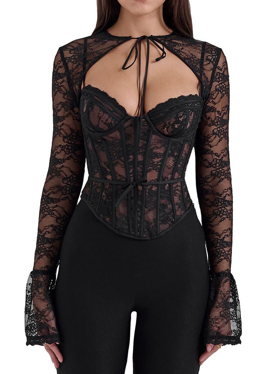 

LULU & SKY Tie-Up Neck Bell Sleeve Top, Black