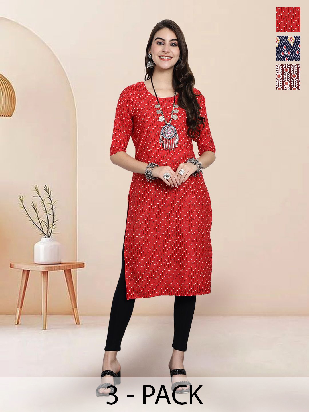 

7Threads Selection Of 3 Floral Printed Straight Kurtas, Red