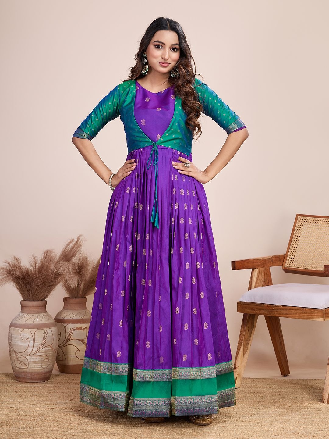 

Tasarika Printed V-Neck Short Sleeves Maxi Ethnic Dress, Purple