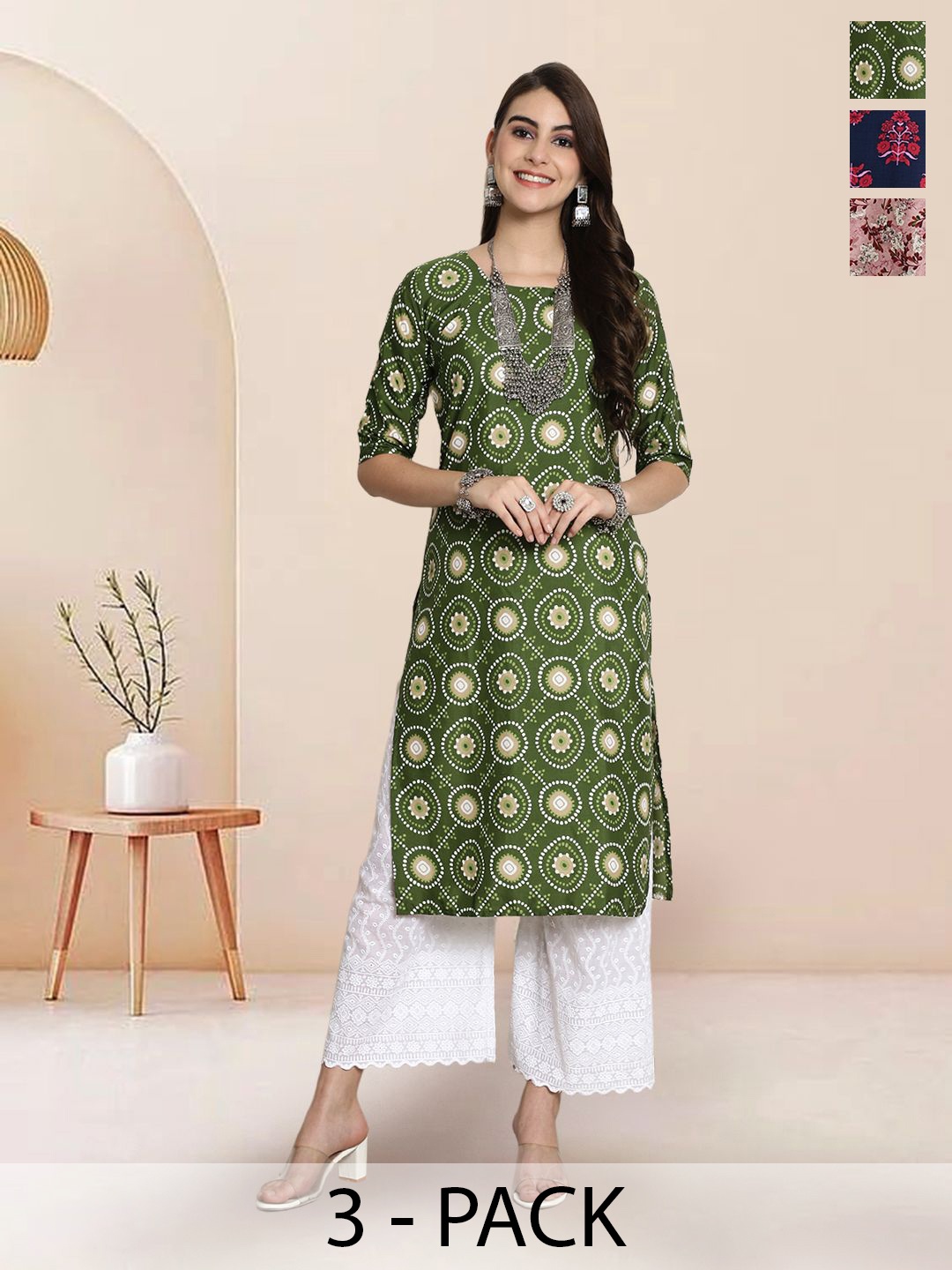 

7Threads Selection Of 3 Ethnic Motifs Printed Round Neck Kurtas, Green