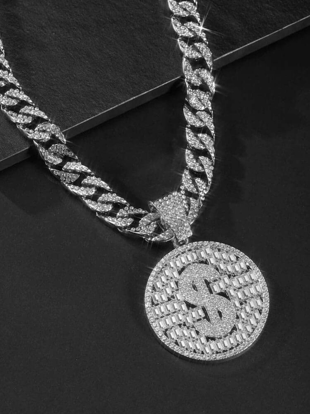 

VAGHBHATT Men Sterling Silver-Plated Cubic Zirconia-Studded Bling Dollar Pendant & Chain