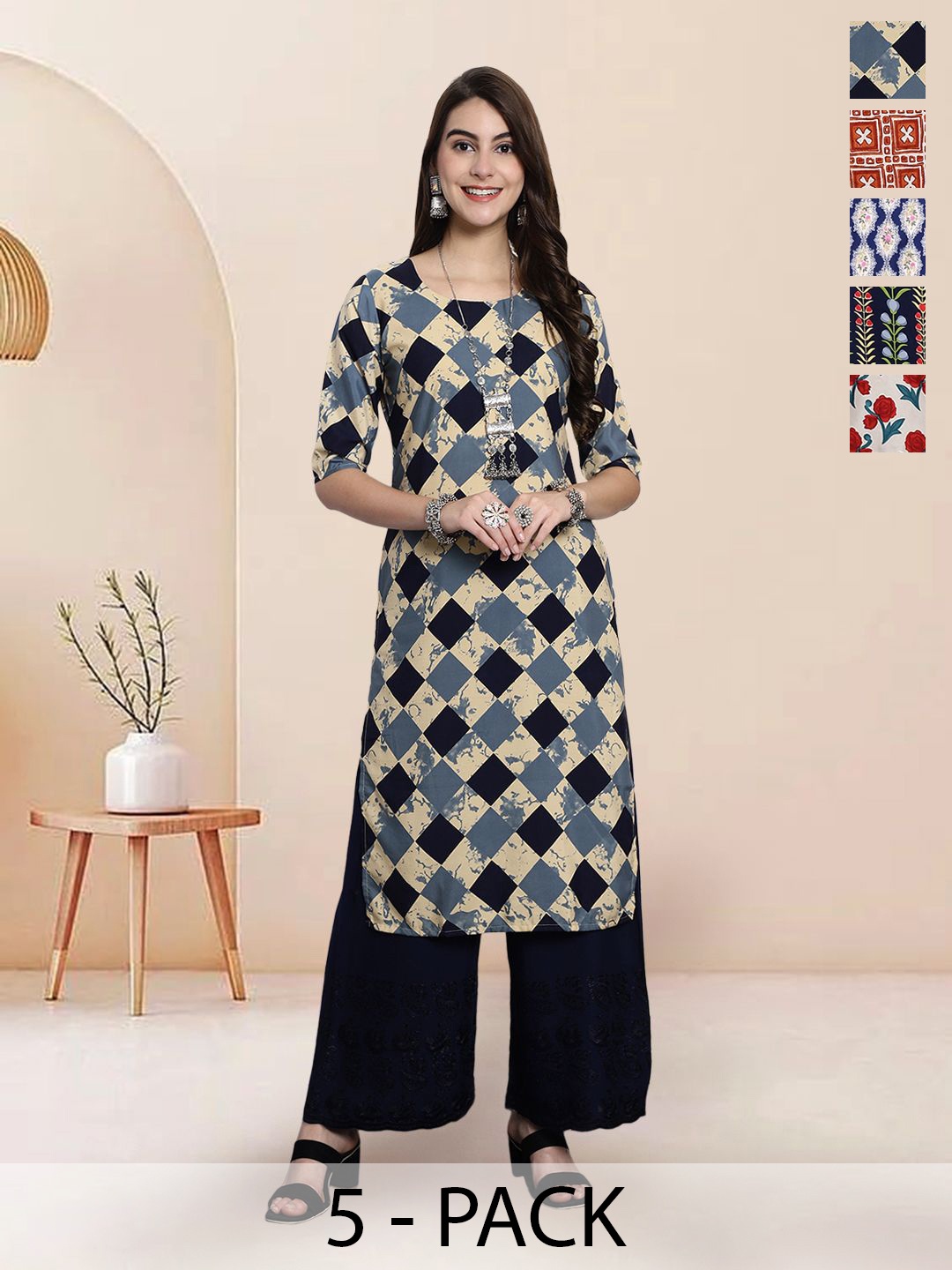 

7Threads Selection Of 5 Geometric Printed Round Neck Straight Kurtas, Beige