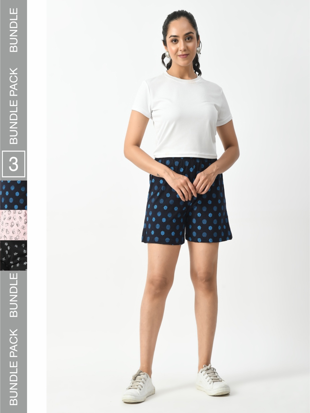 

BAESD Women Pack Of 3 Printed High-Rise Cotton Hotpant Shorts, Navy blue