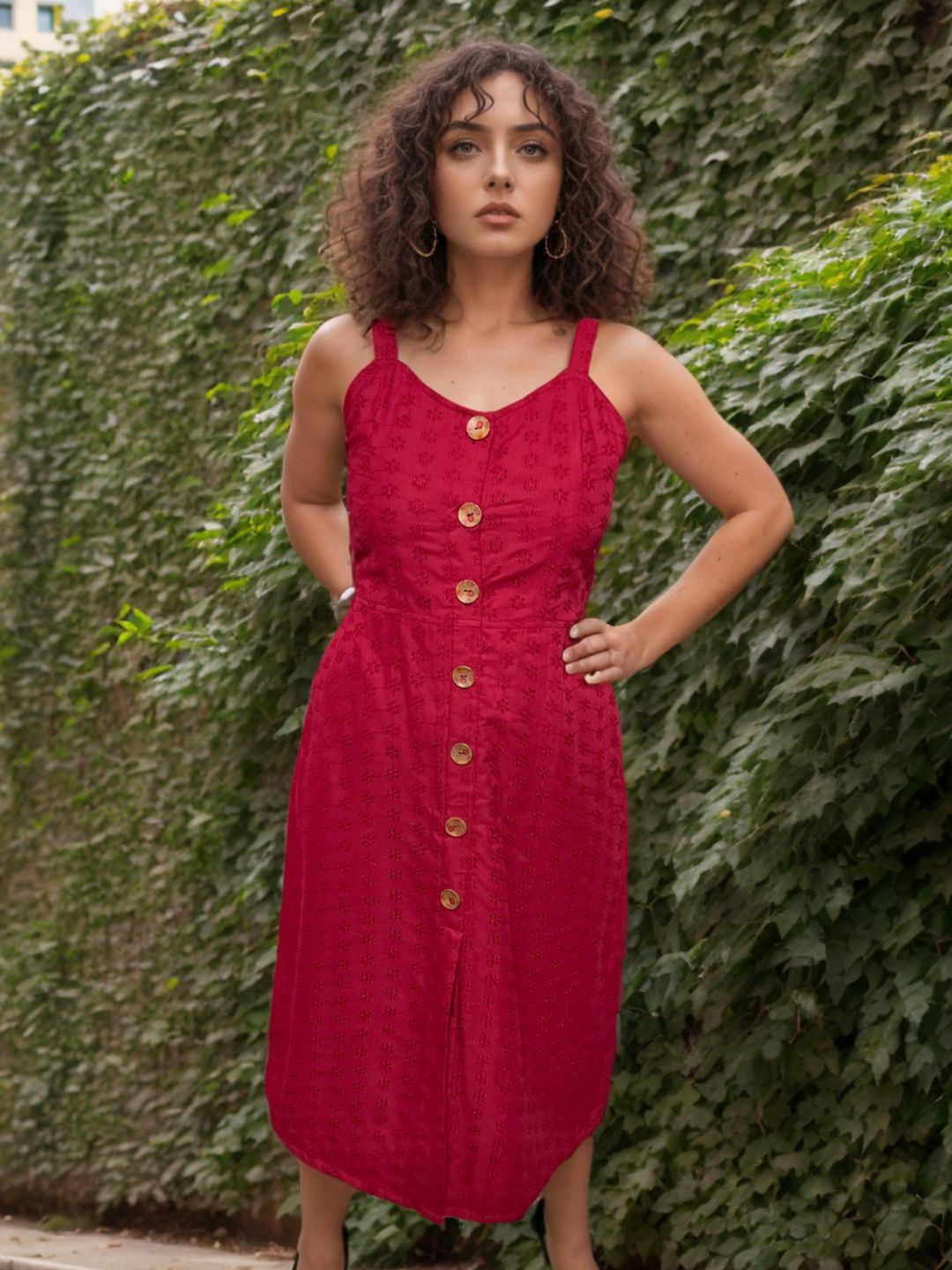 

Isthitos Embroidered A-Line Midi Dress, Red