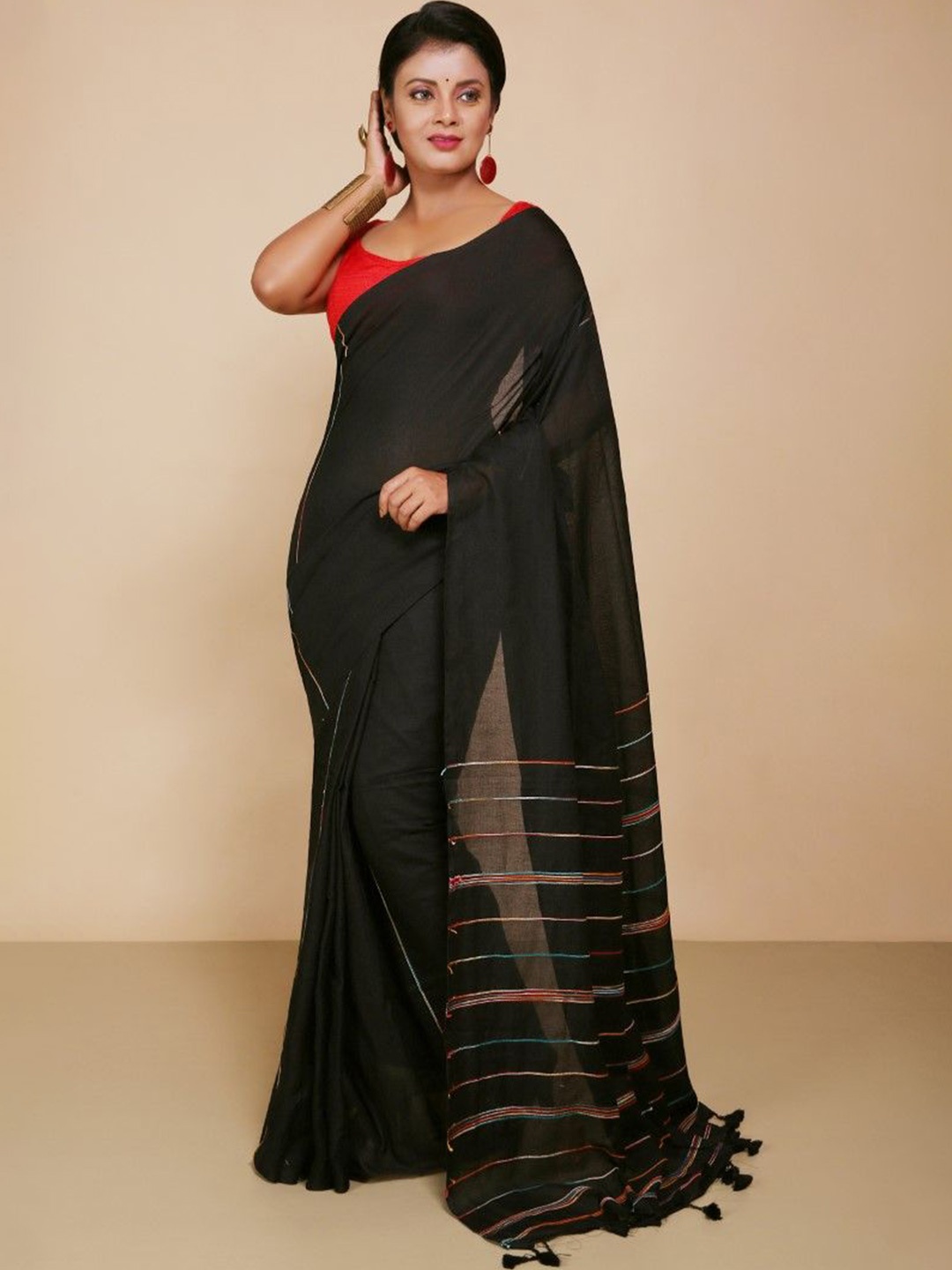 

BENGAL HANDLOOM Art Silk Taant Saree, Black