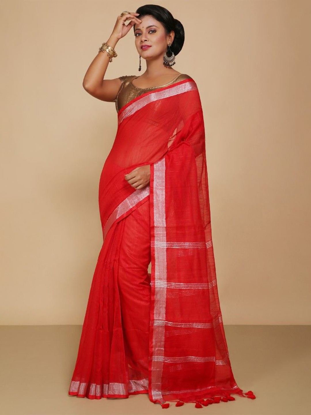 

BENGAL HANDLOOM Zari Art Silk Taant Saree, Red