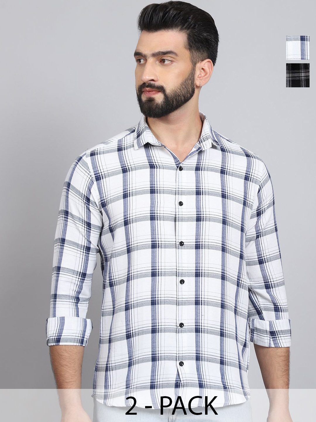 

Tanip Men Pack Of 2 Spread Collar Tartan Checked Cotton Casual Shirts, White
