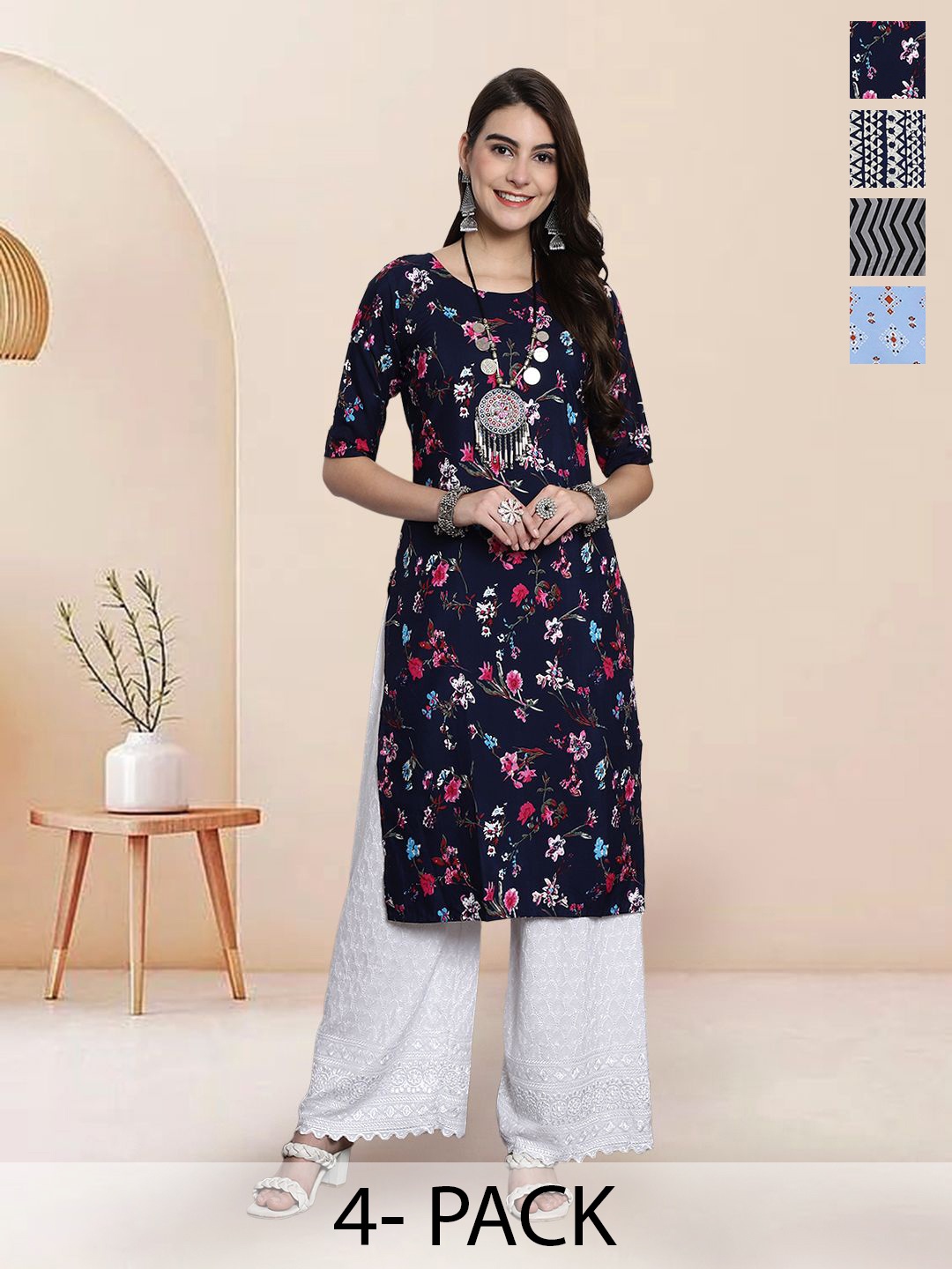 

7Threads Selection Of 4 Floral Printed Round Neck Straight Kurtas, Navy blue