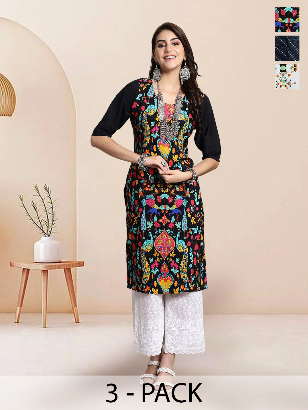

7Threads Selection Of 3 Ethnic Motifs Printed Round Neck Straight Kurtas, Black