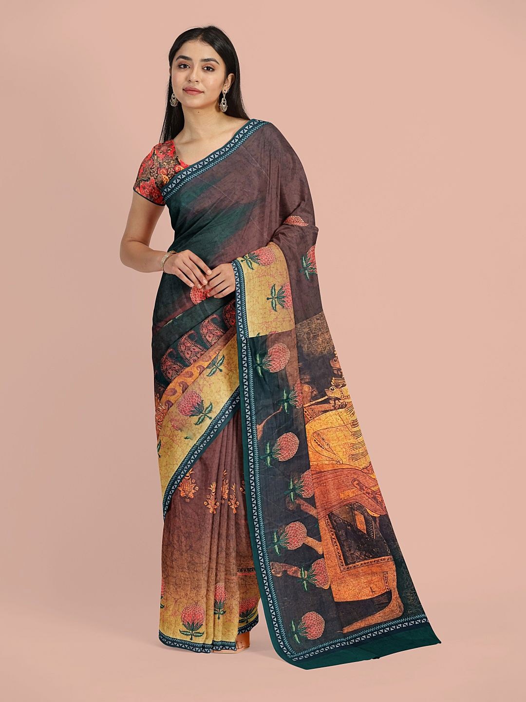 

Avyay Creation Kalamkari Printed Silk Crepe Saree, Brown