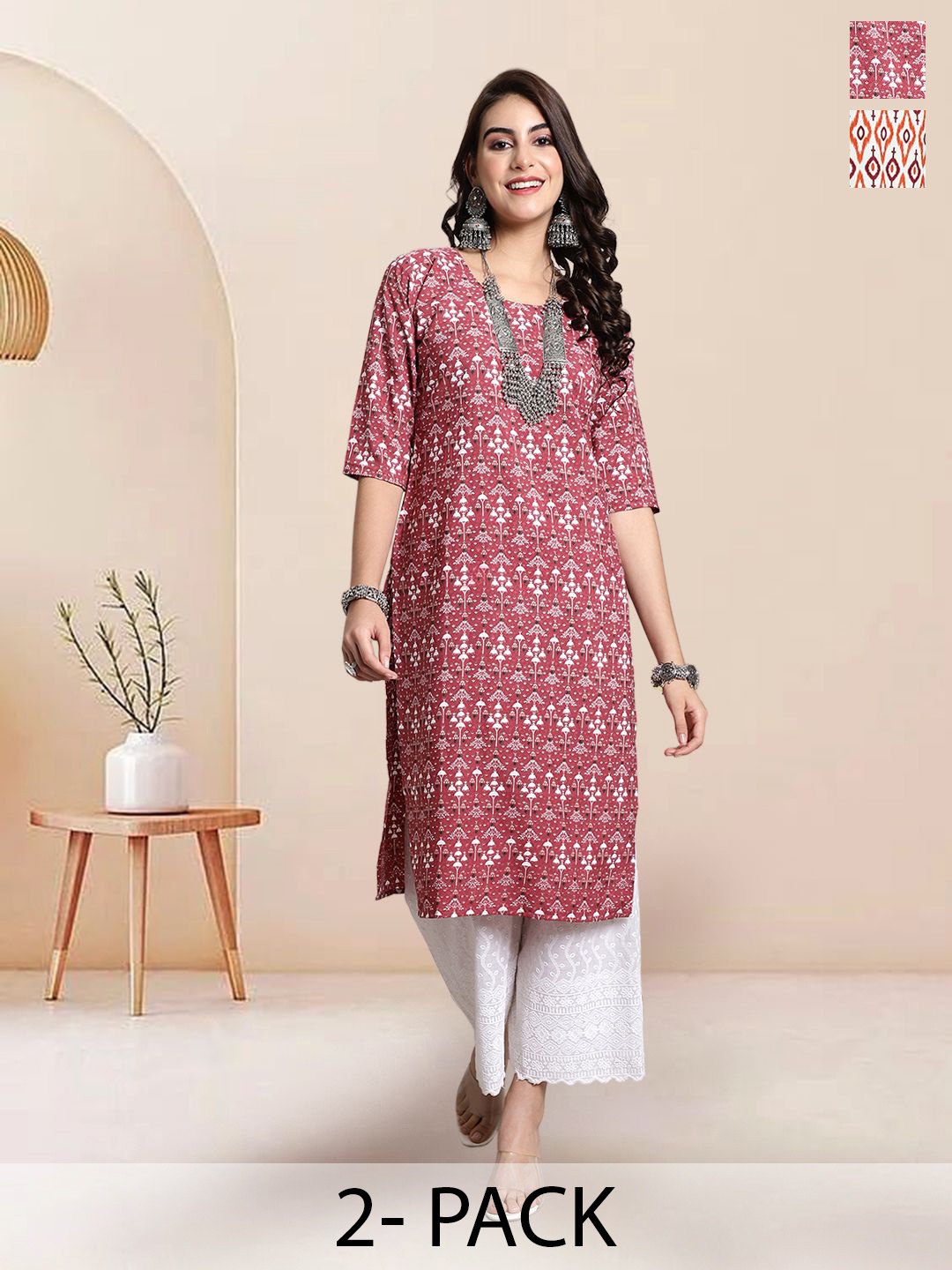 

7Threads Selection Of 2 Ethnic Motifs Printed Round Neck Straight Kurtas, Pink