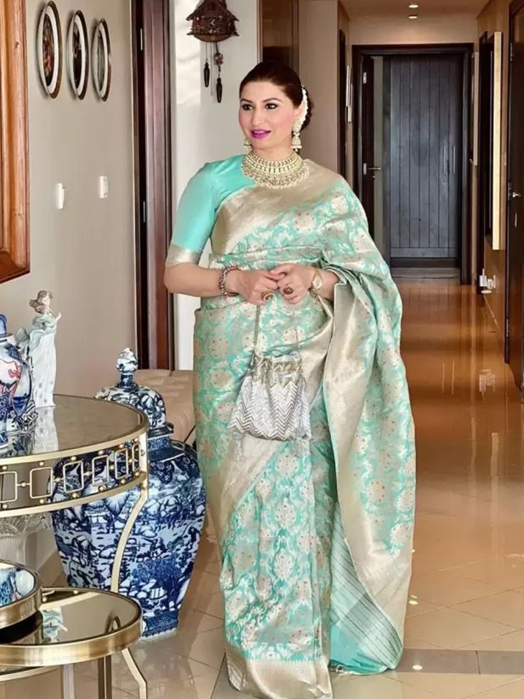 

KALINI Woven Design Zari Pure Silk Kanjeevaram Saree, Teal