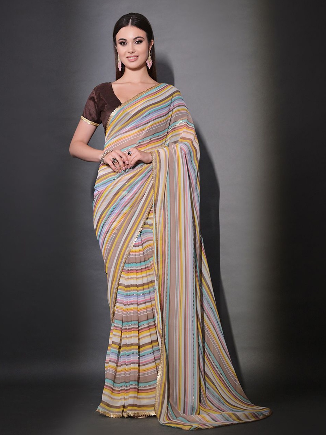 

KALINI Striped Sequinned Poly Georgette Saree, Coffee brown