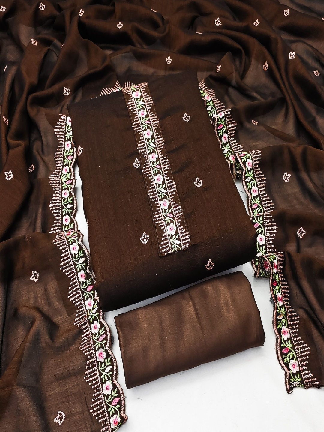 

A TO Z CART Floral Embroidered Sequinned Pure Silk Unstitched Dress Material, Coffee brown