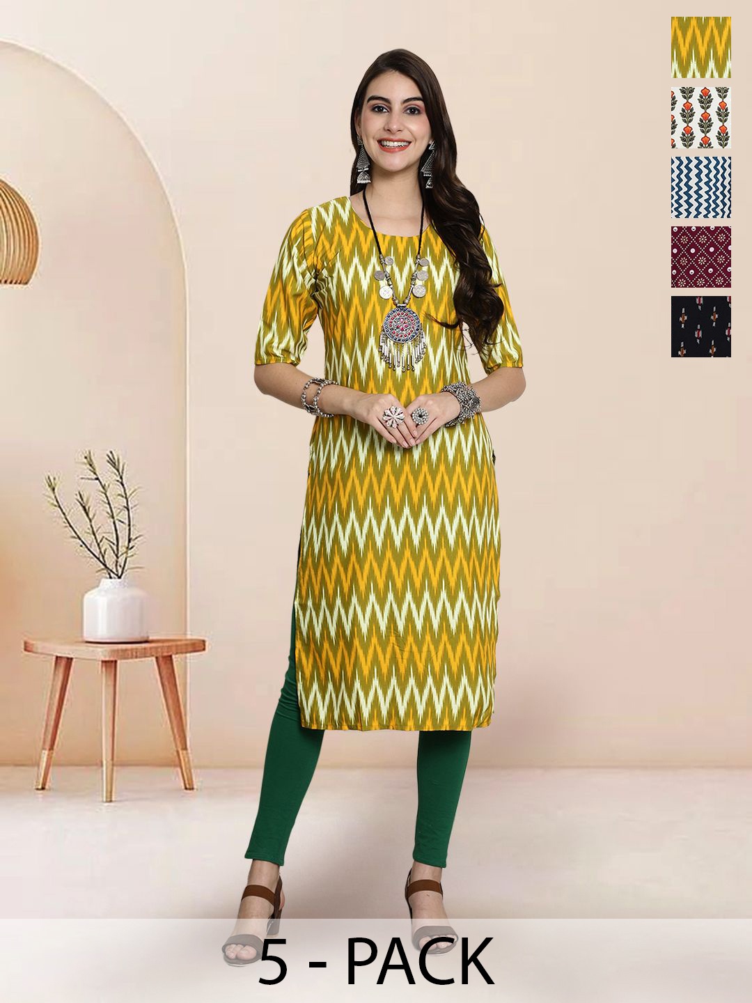 

7Threads Selection Of 5 Chevron Printed Round Neck Straight Kurtas, Mustard