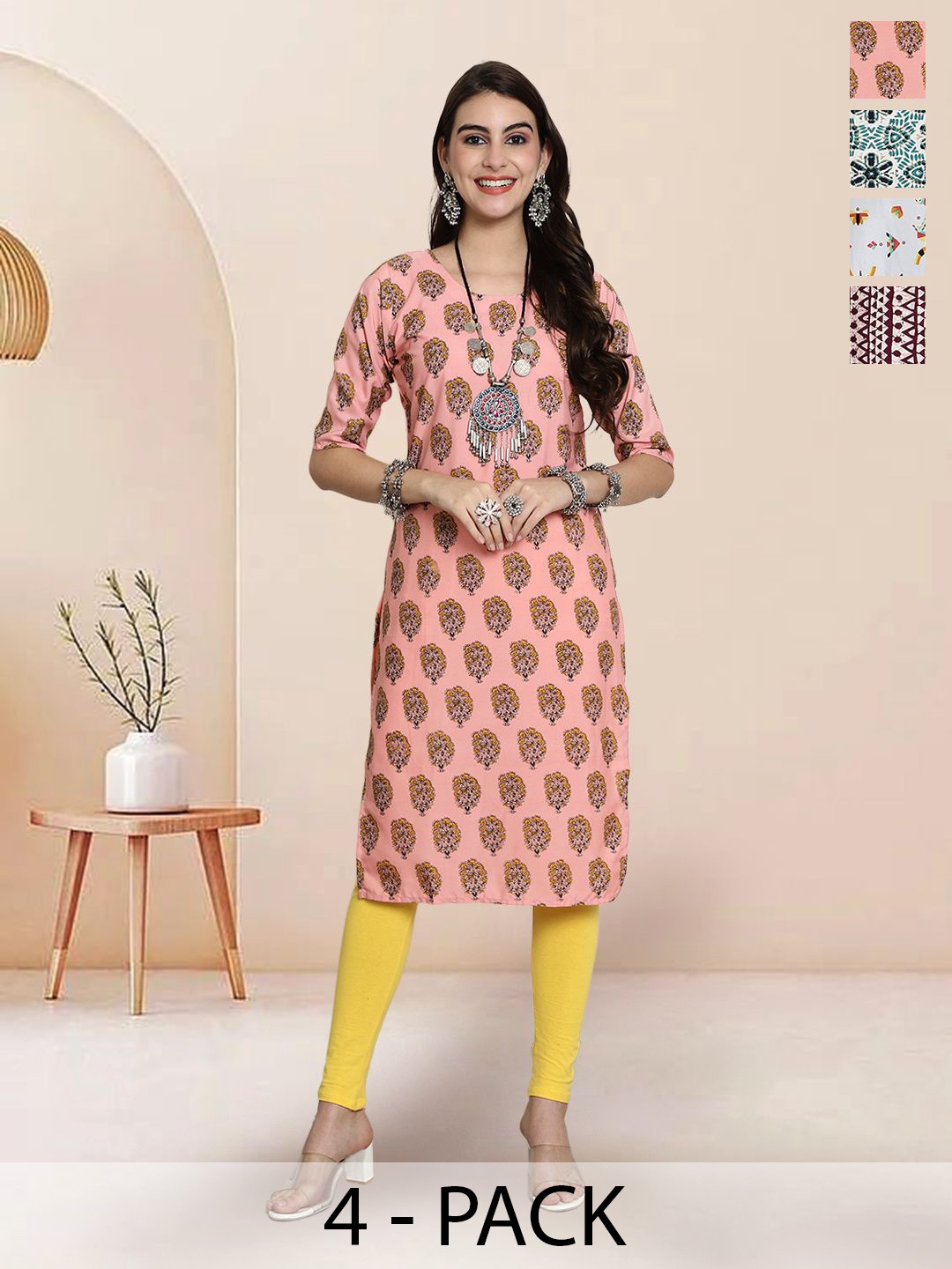 

7Threads Selection Of 4 Floral Printed Round Neck Straight Kurtas, Peach