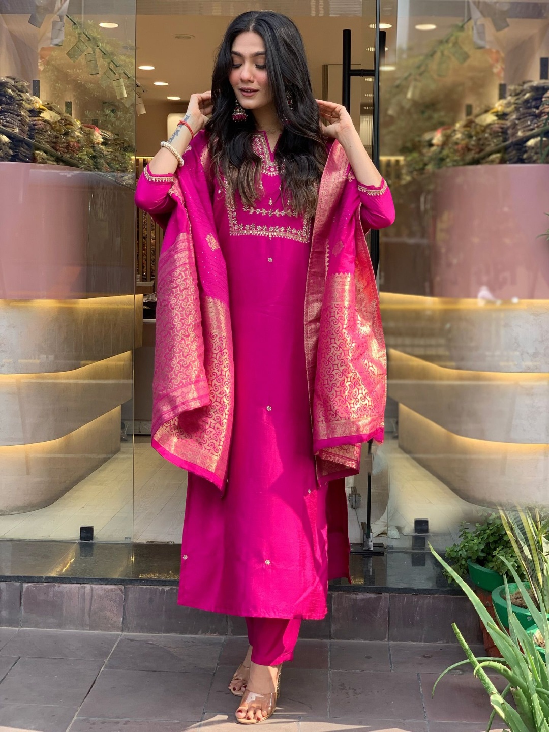 

KALINI Floral Embroidered Notch Neck Sequinned Straight Kurta With Trousers & Dupatta, Pink