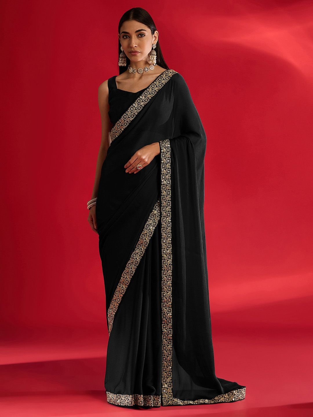 

Mitera Embroidered Satin Saree, Black