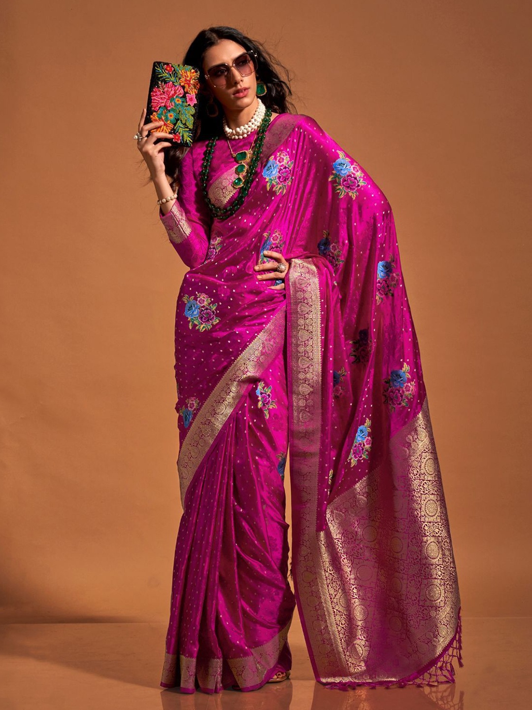 

ODETTE Woven Design Satin Saree, Pink