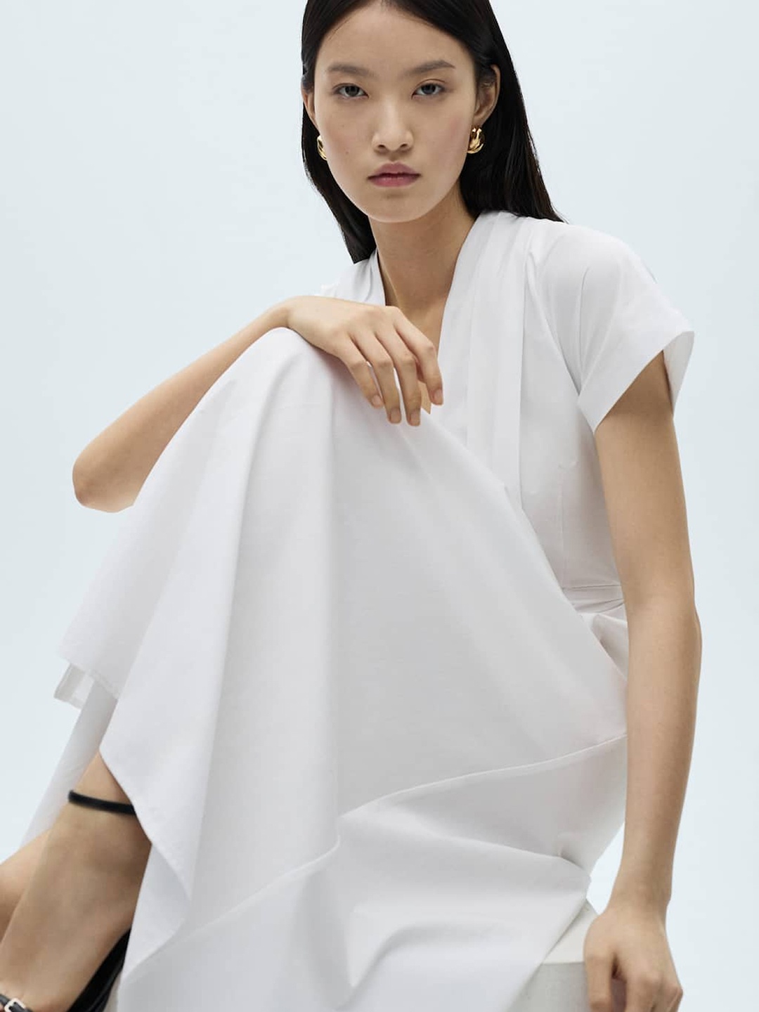 

MANGO Belted Detail Pure Cotton Midi Kimono-Shaped Dress, White