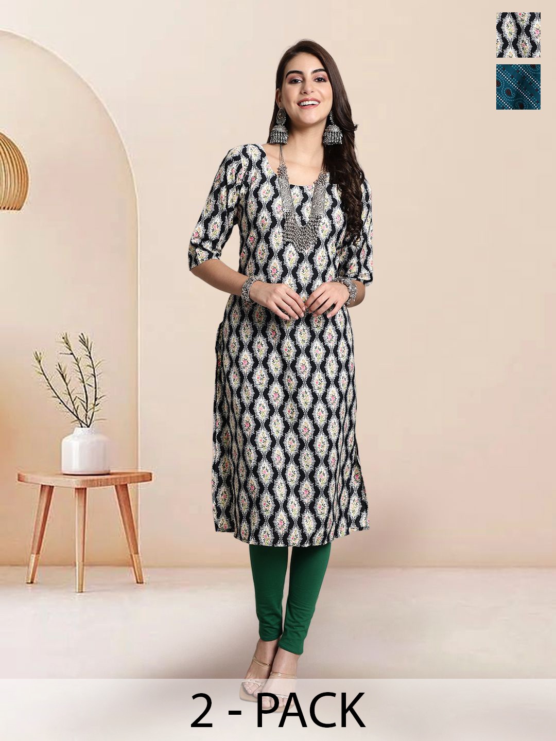

7Threads Selection Of 2 Ethnic Motifs Printed Round Neck Kurtas, Black