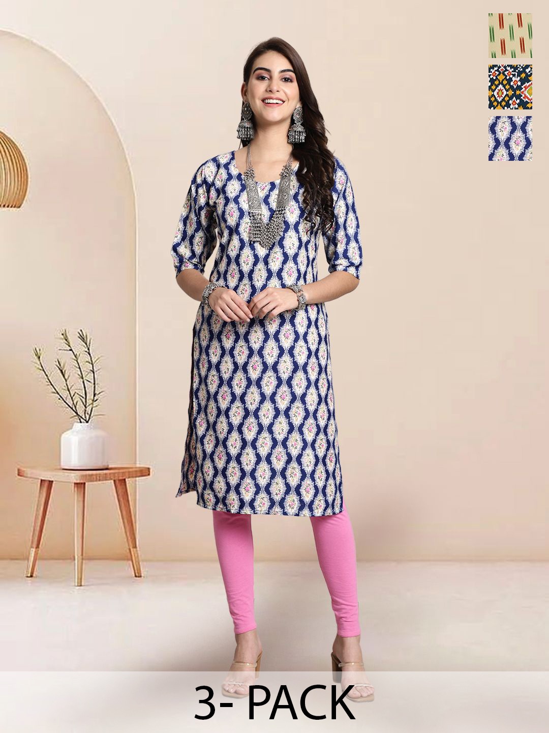 

7Threads Selection Of 3 Floral Printed Round Neck Straight Kurtas, Navy blue