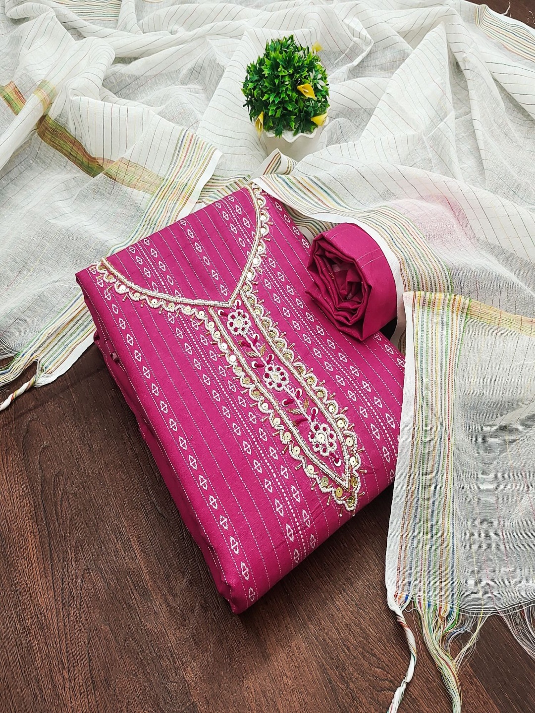 

A TO Z CART Geometric Woven Design Beads Work Unstitched Dress Material, Pink