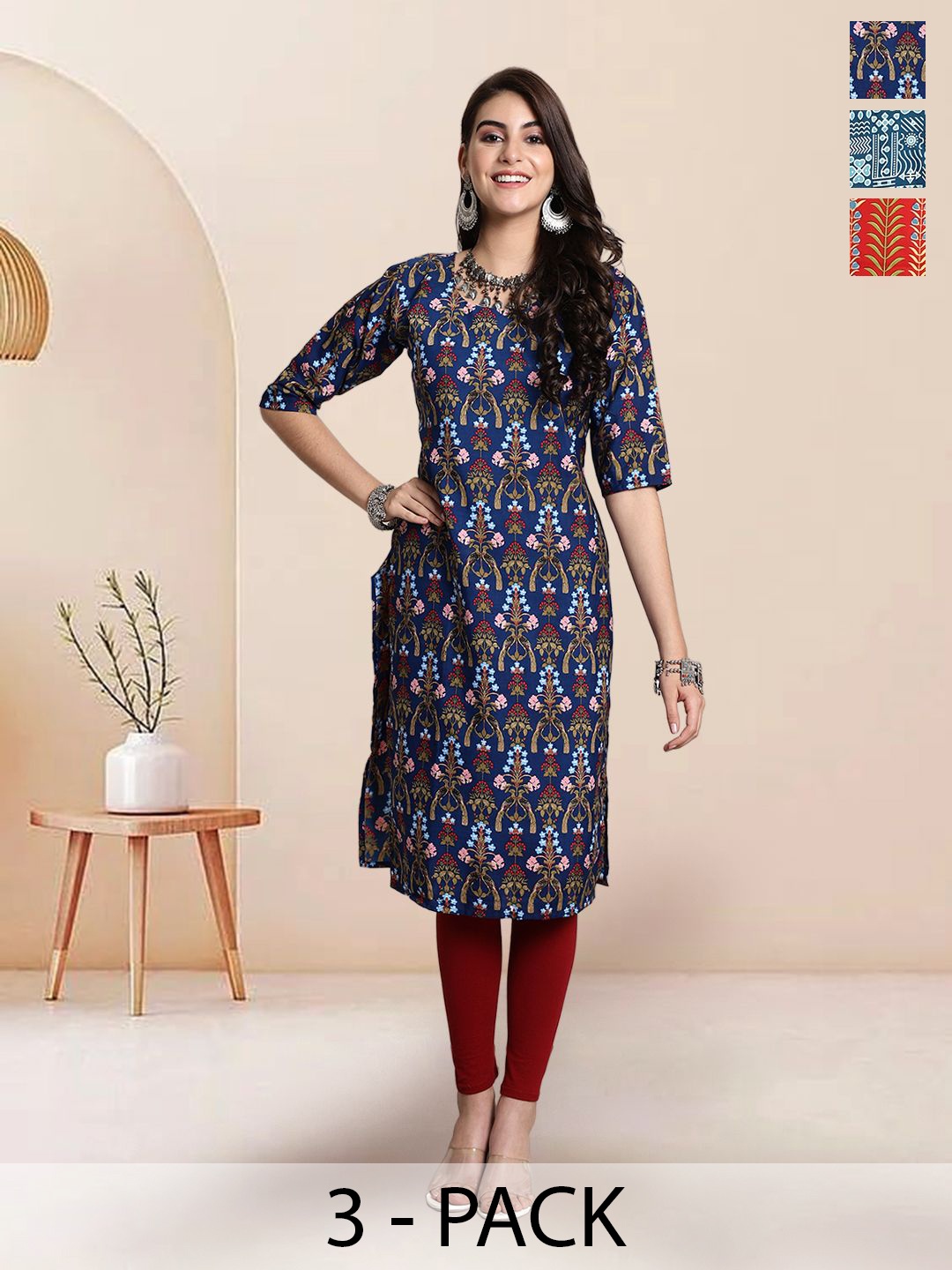 

7Threads Selection Of 3 Ethnic Motifs Printed Round Neck Kurtas, Blue