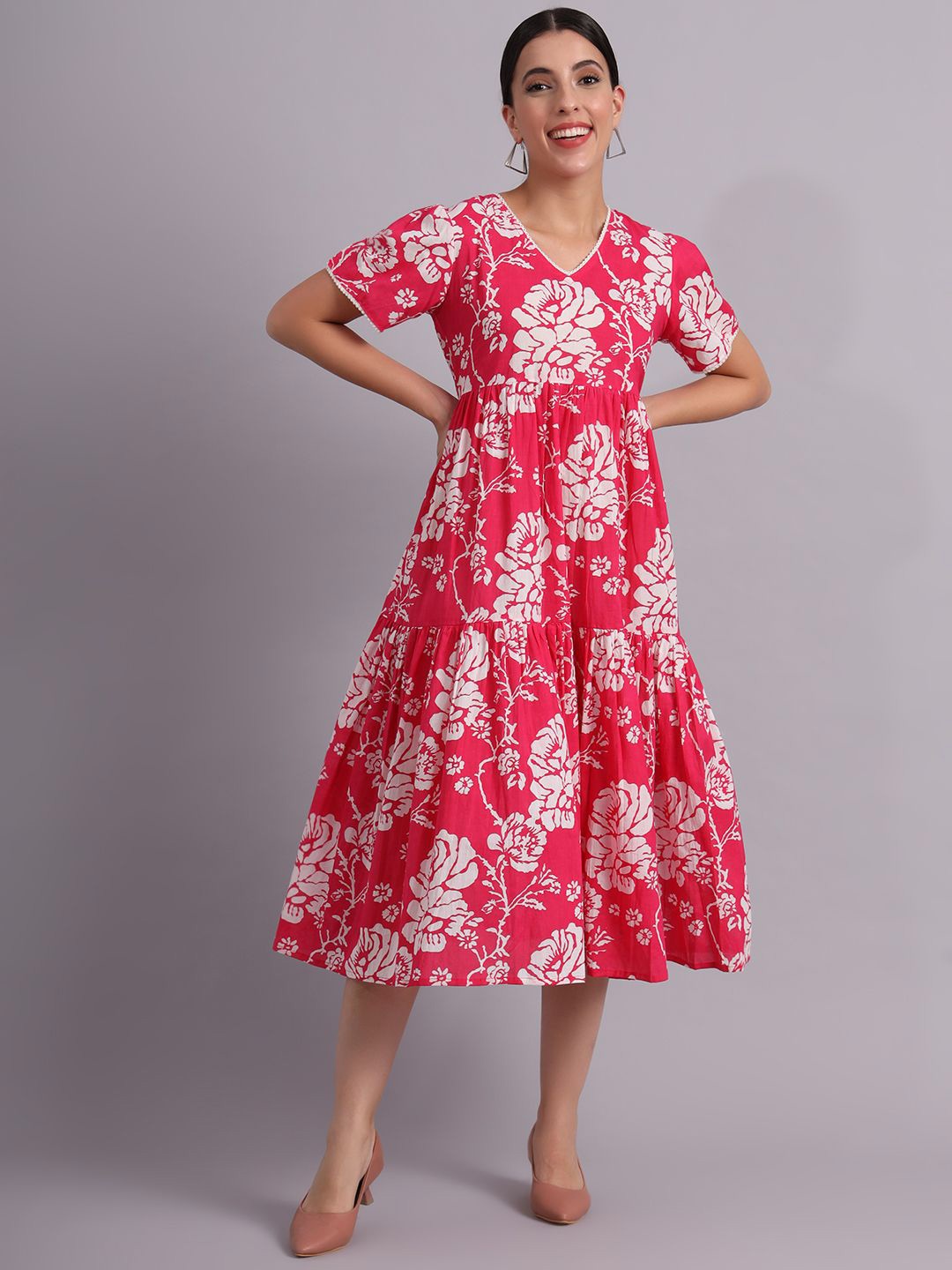 

DECKEDUP Floral Print Fit & Flare Midi Dress, Magenta