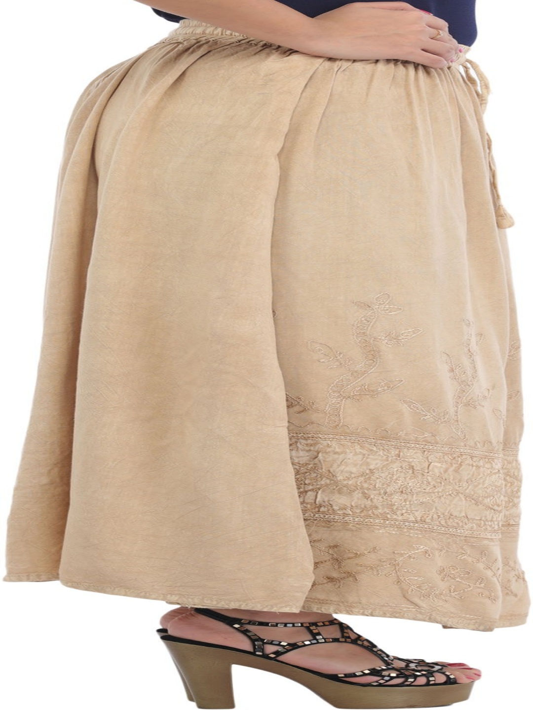 

Exotic India Embroidered Flared Maxi Skirts, Peach