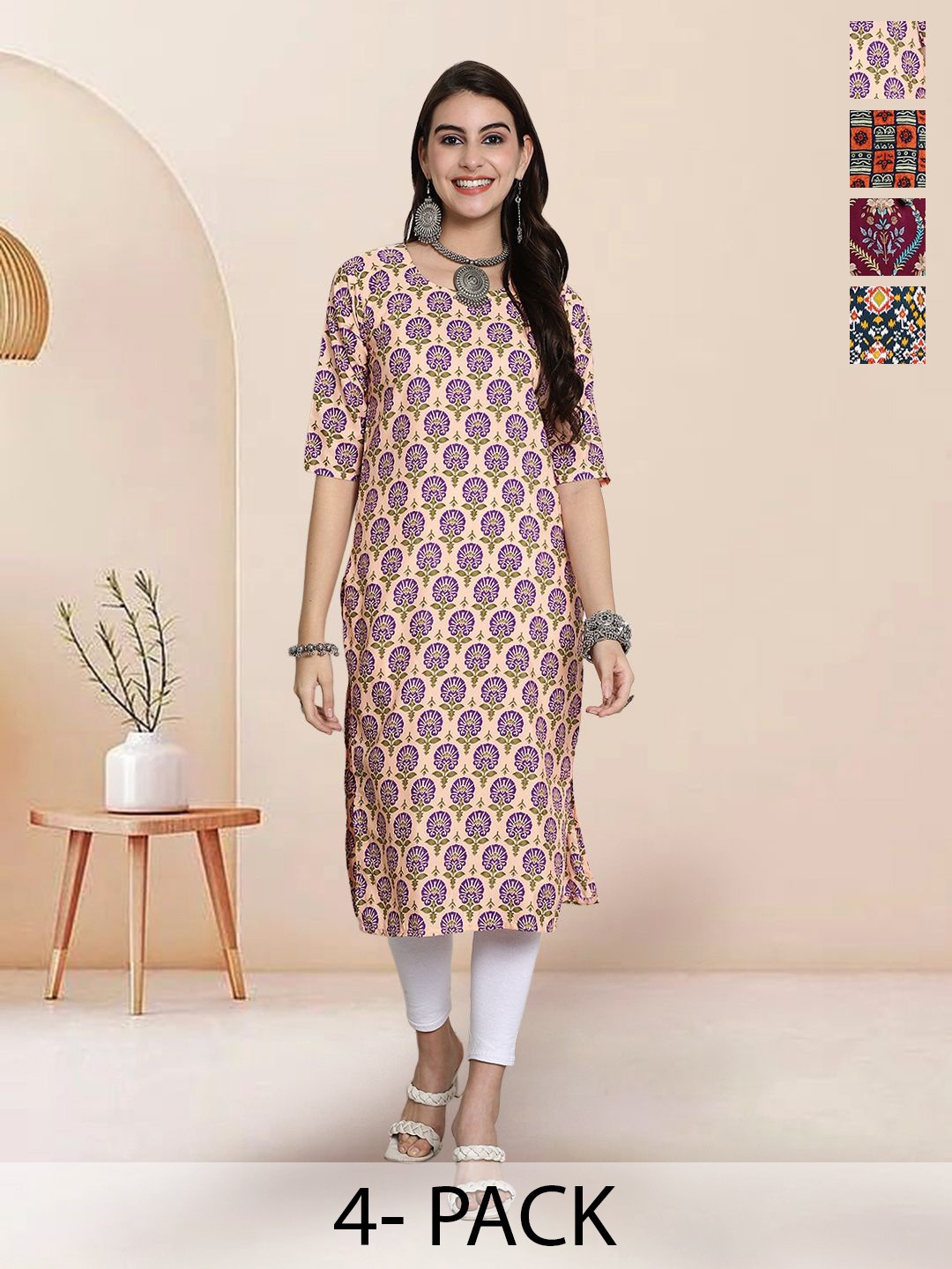 

7Threads Selection Of 4 Floral Printed Round Neck Straight Kurtas, Peach