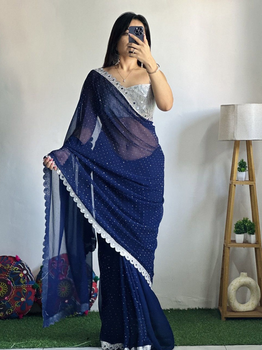 

Fashion Ritmo Embellished Beads and Stones Pure Silk Saree, Blue