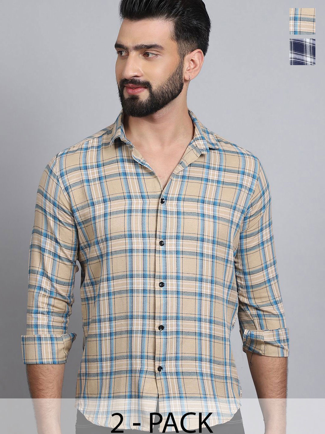 

Tanip Men Pack Of 2 Spread Collar Tartan Checked Cotton Casual Shirts, Beige