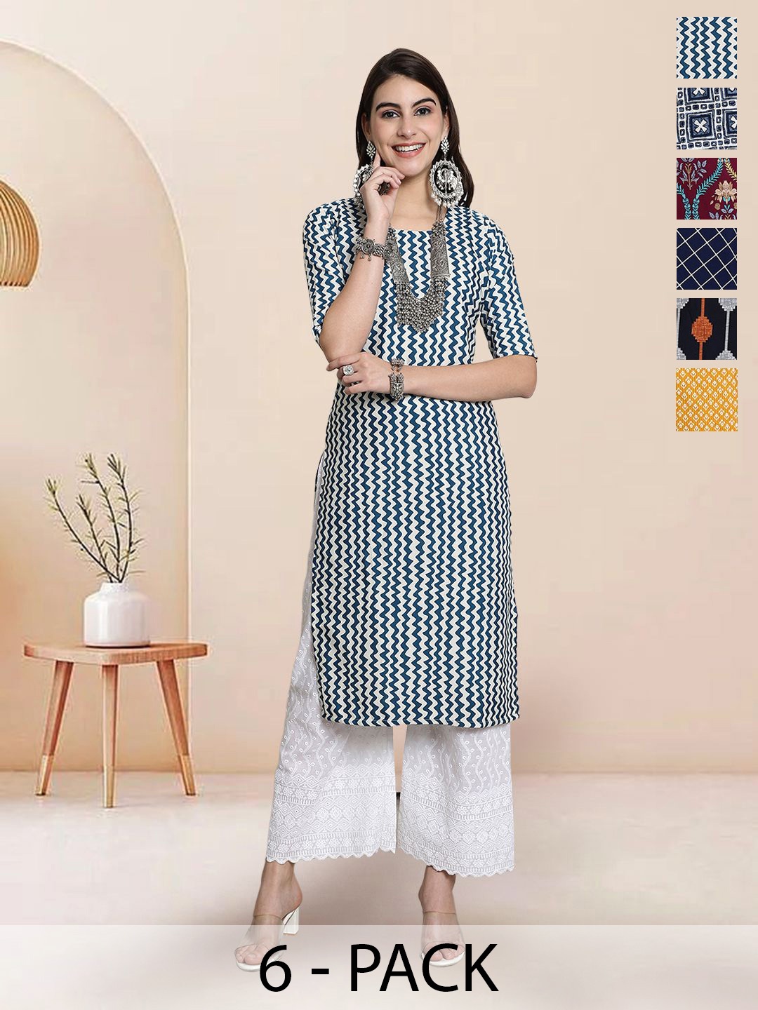 

7Threads Selection Of 6 Chevron Printed Round Neck Straight Kurtas, Teal