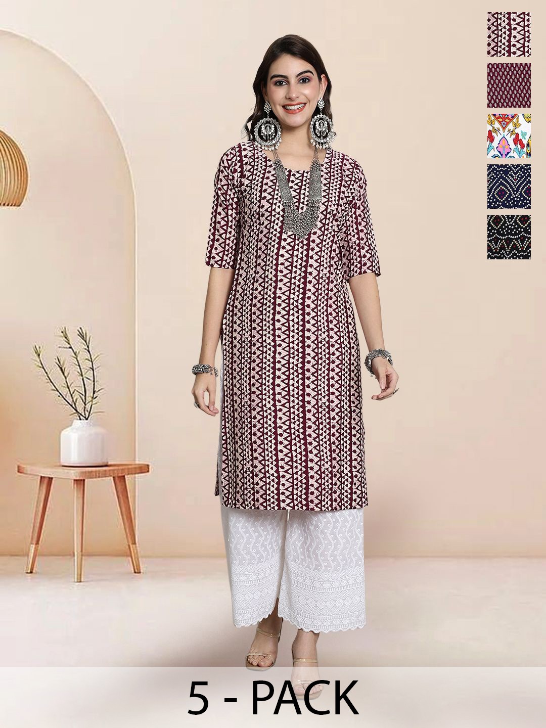 

7Threads Selection Of 5 Geometric Printed Round Neck Straight Kurtas, White