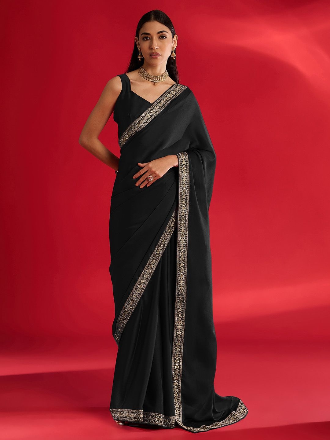 

Mitera Embroidered Satin Saree, Black