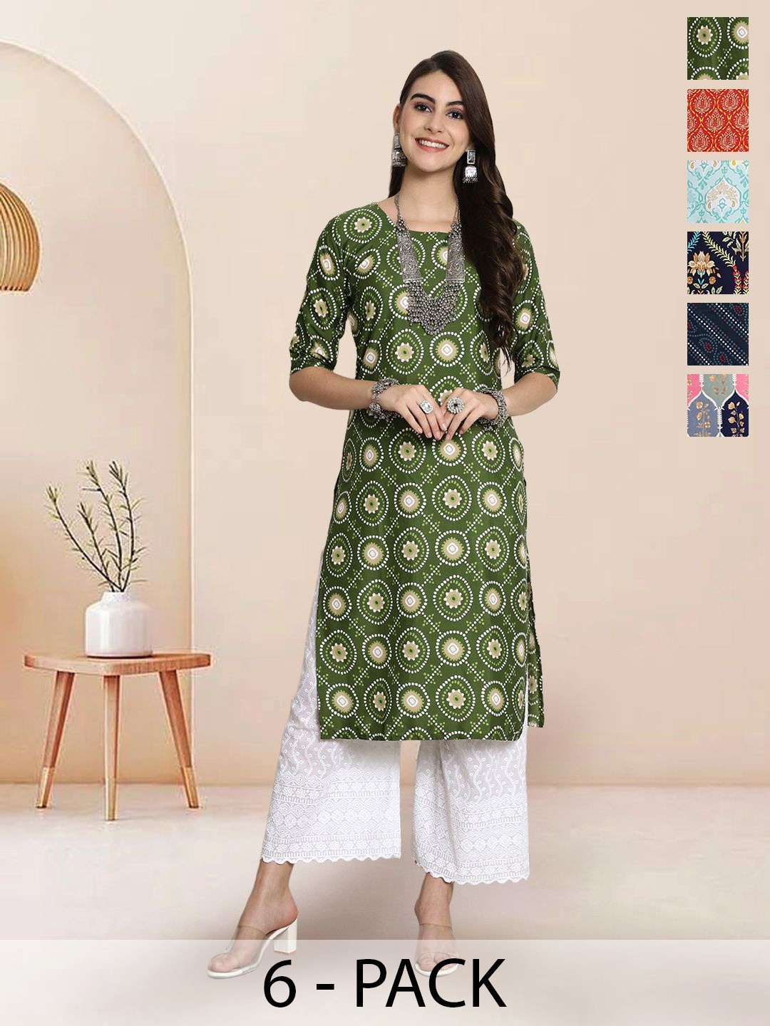 

7Threads Selection Of 6 Geometric Printed Straight Kurtas, Green