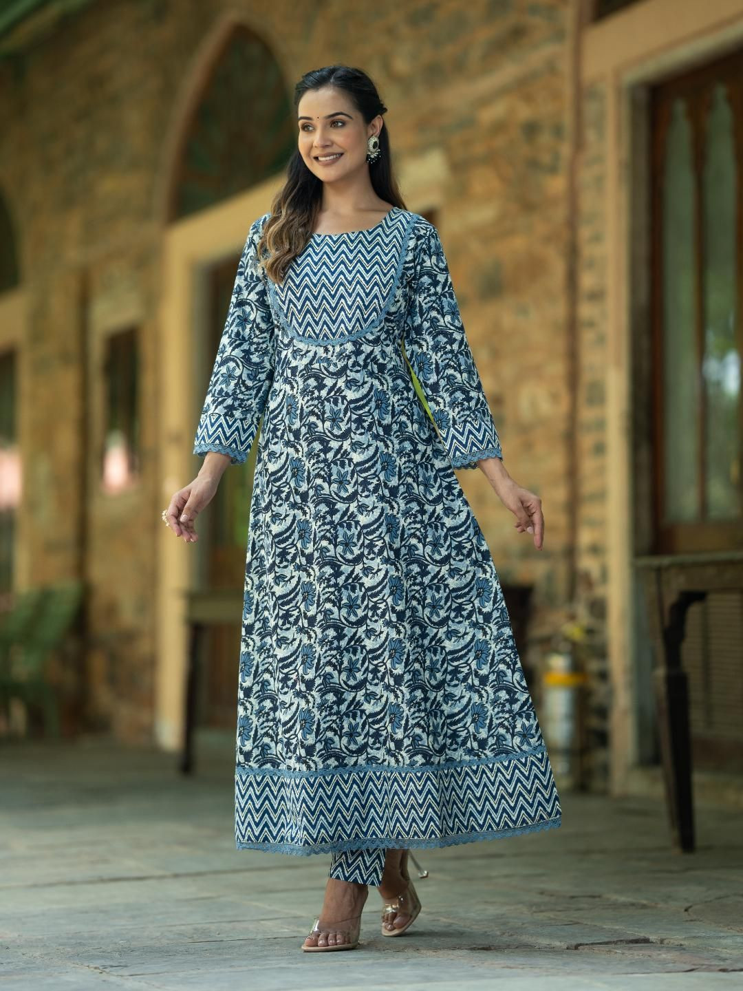 

Moda Rapido Blue Floral Printed Pure Cotton Anarkali Kurta With Trousers & Dupatta
