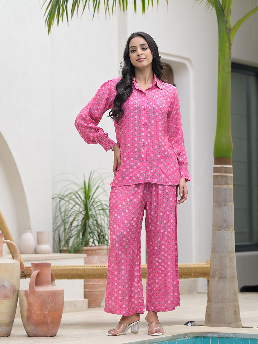 

BAESD Printed Long Sleeves Shirt With Trousers, Pink