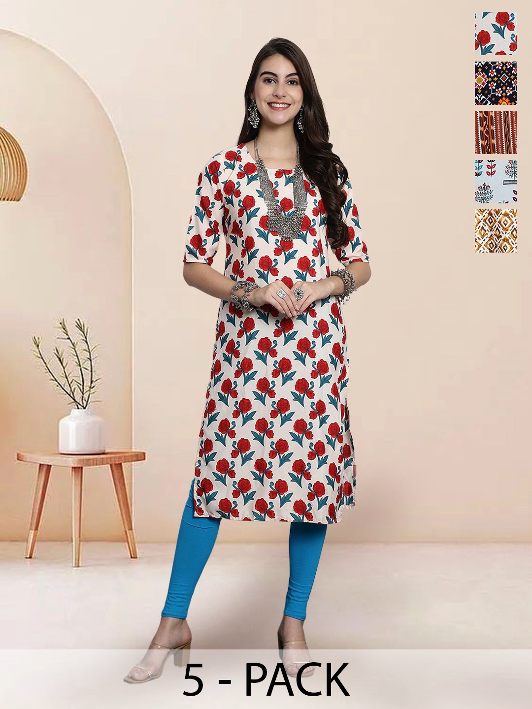 

7Threads Selection of 5 Floral Printed Round Neck Straight Kurtas, Cream