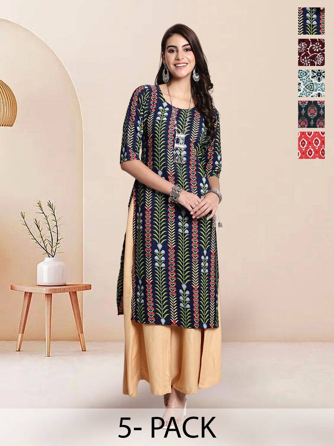 

7Threads Selection of 5 Floral Printed Round Neck Straight Kurtas, Navy blue