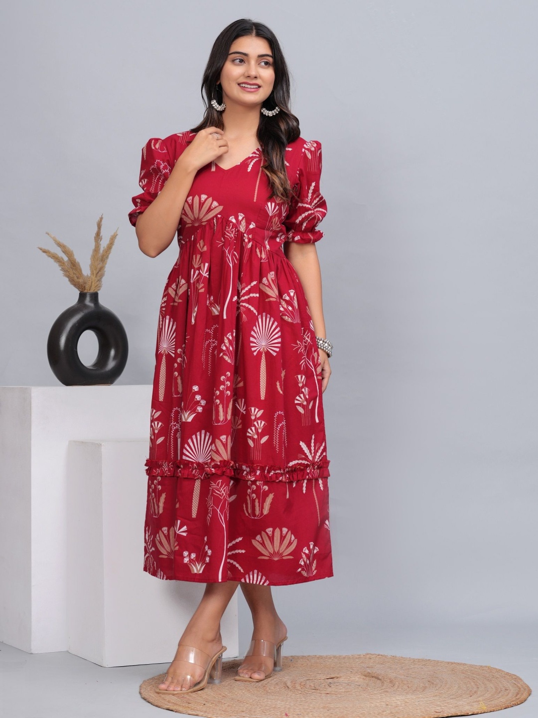 

CTMTEX Women Floral Printed V-Neck Empire Ethnic Dress, Red