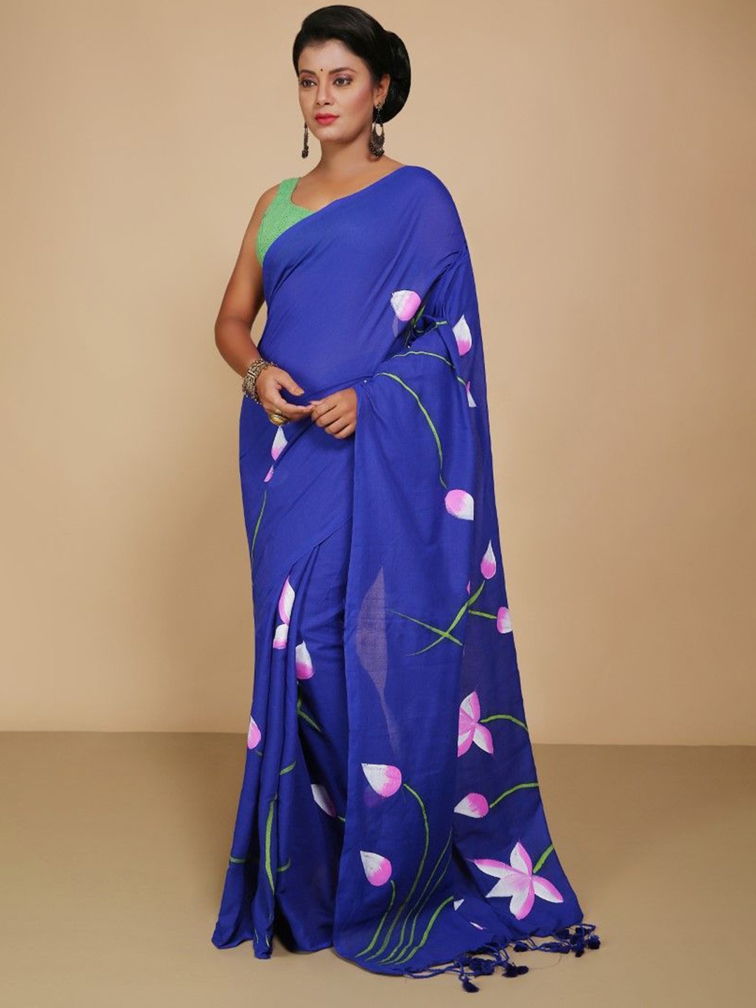 

BENGAL HANDLOOM Floral Pure Cotton Taant Saree, Blue